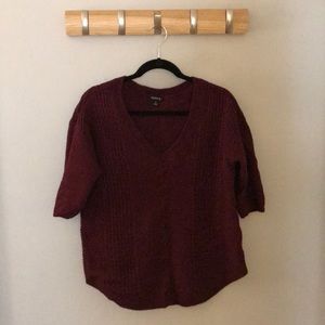 3/4 sleeve red cable knit sweater v neck